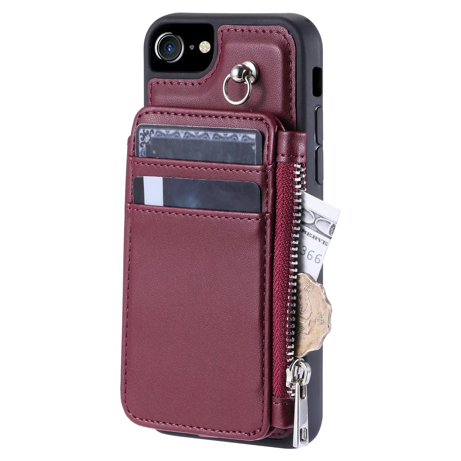 009 For iPhone 6 / 6s / 7 / 8 / SE (2020) / SE (2022) Back Shell RFID Blocking Zipper Wallet Case PU Leather TPU Kickstand Phone Cover with Straps