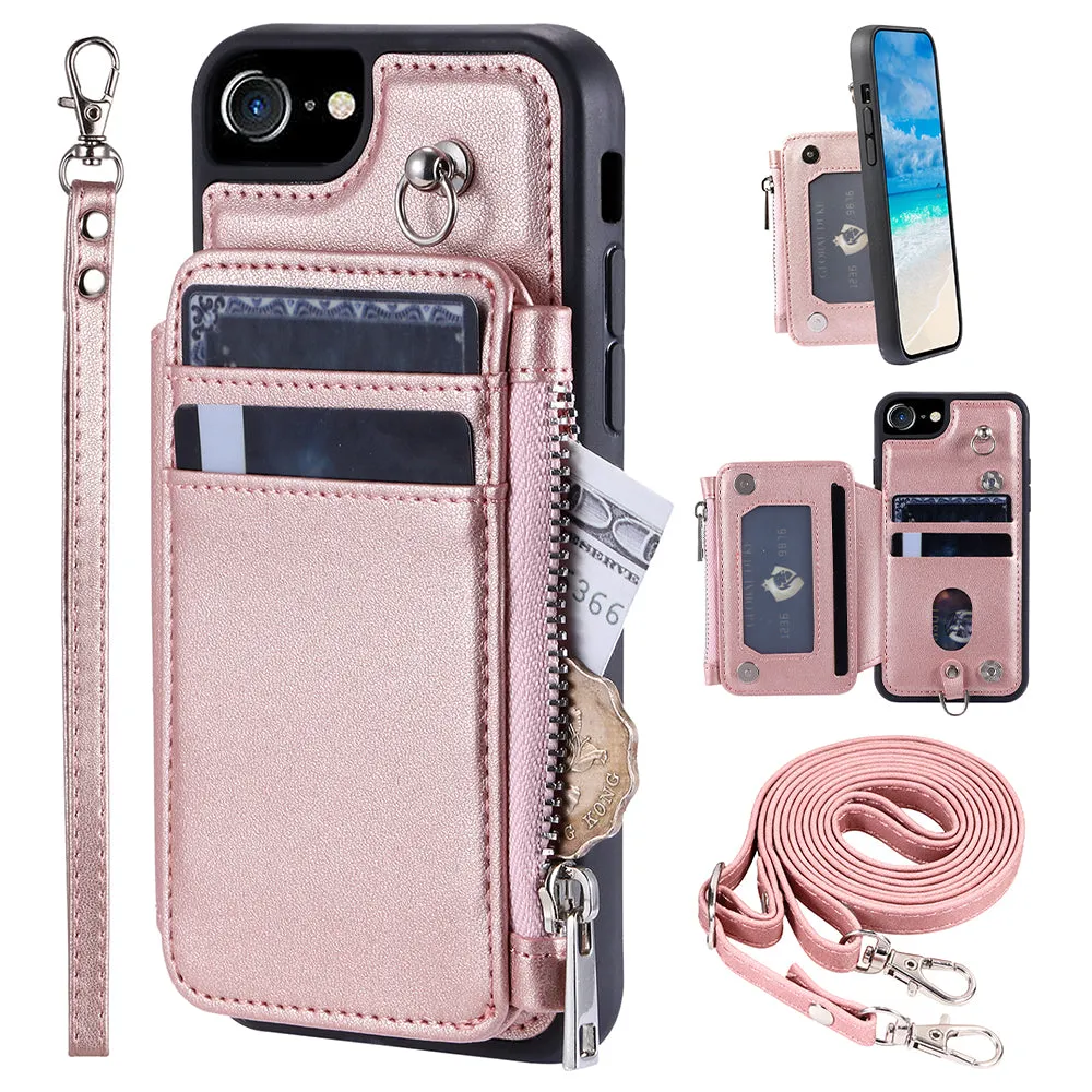 009 For iPhone 6 / 6s / 7 / 8 / SE (2020) / SE (2022) Back Shell RFID Blocking Zipper Wallet Case PU Leather TPU Kickstand Phone Cover with Straps