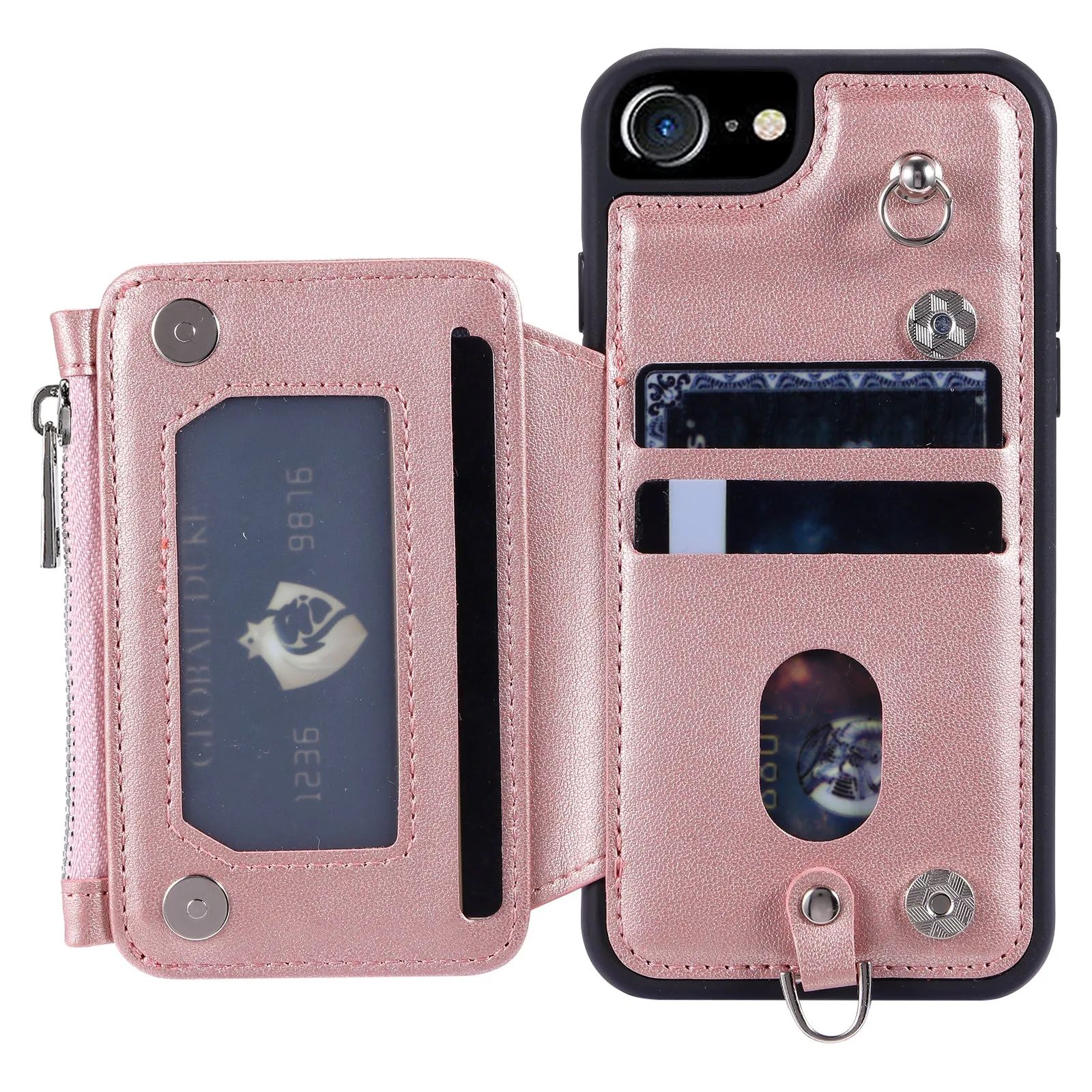 009 For iPhone 6 / 6s / 7 / 8 / SE (2020) / SE (2022) Back Shell RFID Blocking Zipper Wallet Case PU Leather TPU Kickstand Phone Cover with Straps