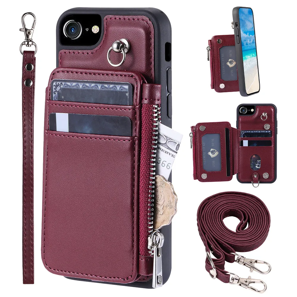 009 For iPhone 6 / 6s / 7 / 8 / SE (2020) / SE (2022) Back Shell RFID Blocking Zipper Wallet Case PU Leather TPU Kickstand Phone Cover with Straps