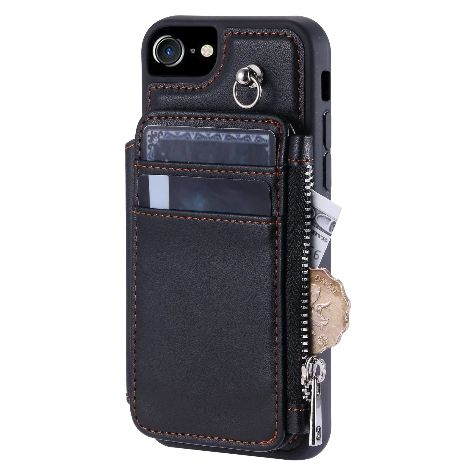 009 For iPhone 6 / 6s / 7 / 8 / SE (2020) / SE (2022) Back Shell RFID Blocking Zipper Wallet Case PU Leather TPU Kickstand Phone Cover with Straps