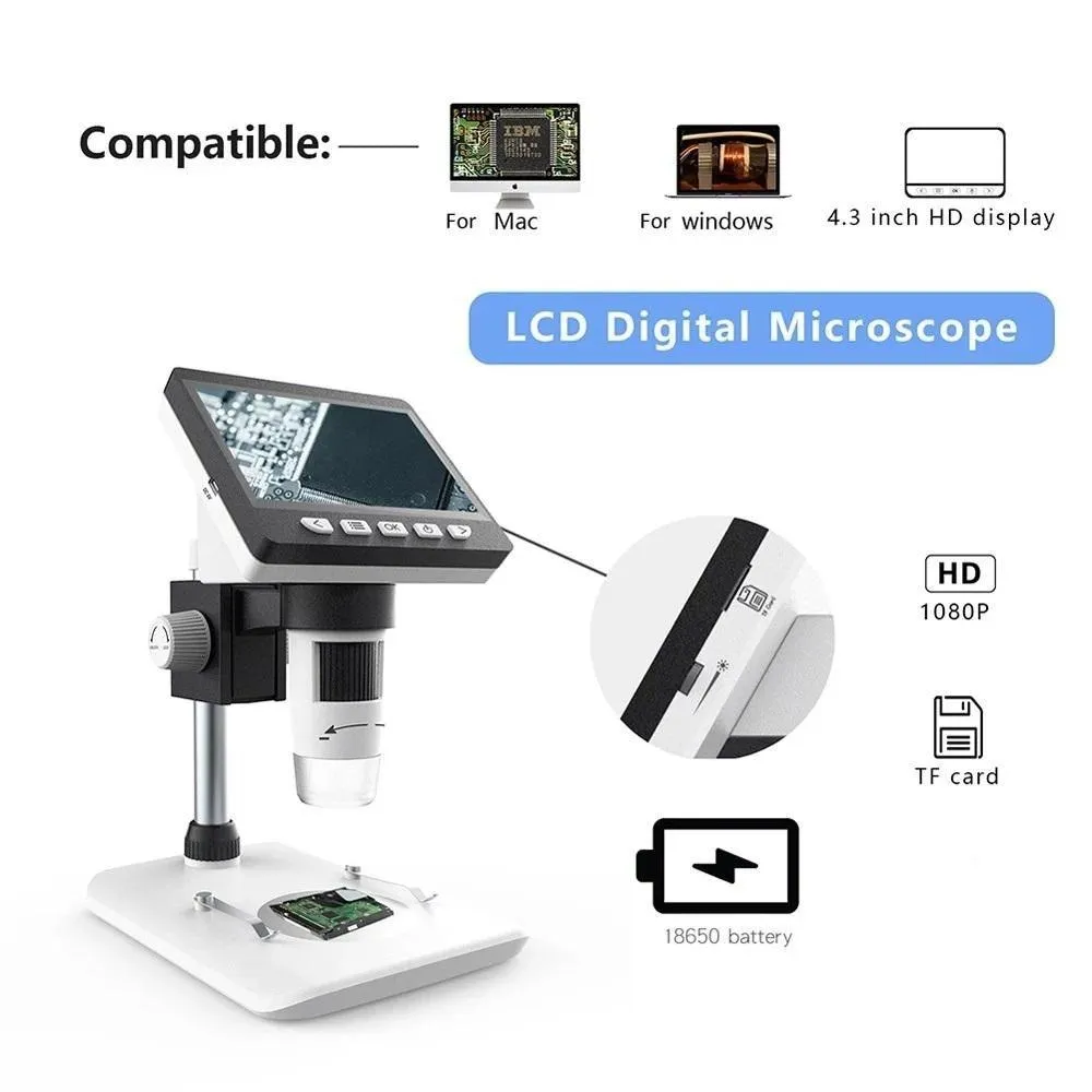 1000x Digital Microscope: With 4.3in Screen, LED Lighting, 1080p @ 30fps Video