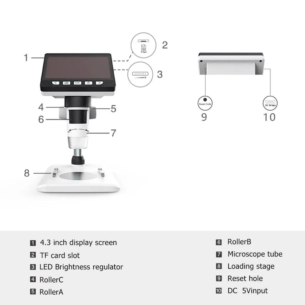 1000x Digital Microscope: With 4.3in Screen, LED Lighting, 1080p @ 30fps Video