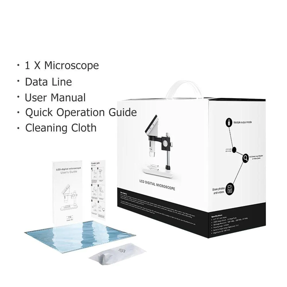 1000x Digital Microscope: With 4.3in Screen, LED Lighting, 1080p @ 30fps Video