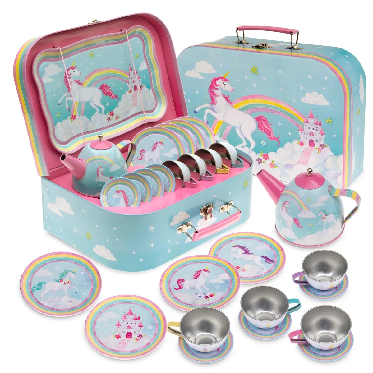 15 Piece Girls Pretend Toy Tin Tea Set Carrying Case Ballea