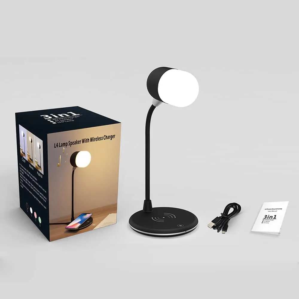 3 IN 1 Desk Lamp With Qi Wireless Charger 5W Bluetooth Speaker USB Dimmable For Bedroom