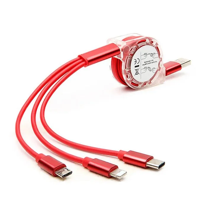 3-in-1 Retractable USB Charging Cable Charger Cord for Cell Phones Tablets