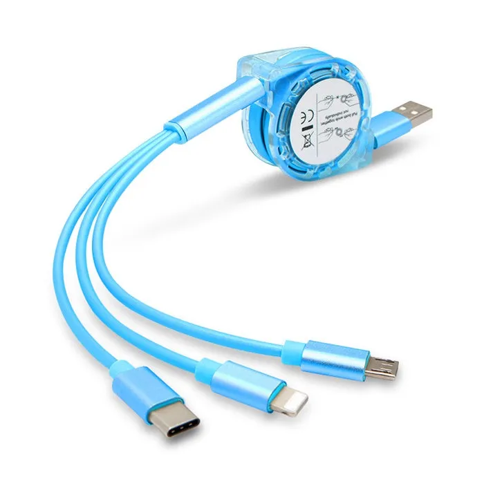 3-in-1 Retractable USB Charging Cable Charger Cord for Cell Phones Tablets