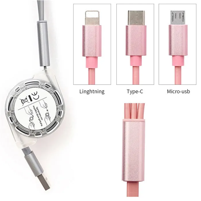 3-in-1 Retractable USB Charging Cable Charger Cord for Cell Phones Tablets