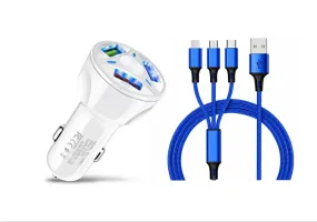 3 Port Fast LED White Car Charger   3 in 1 Cable Combo