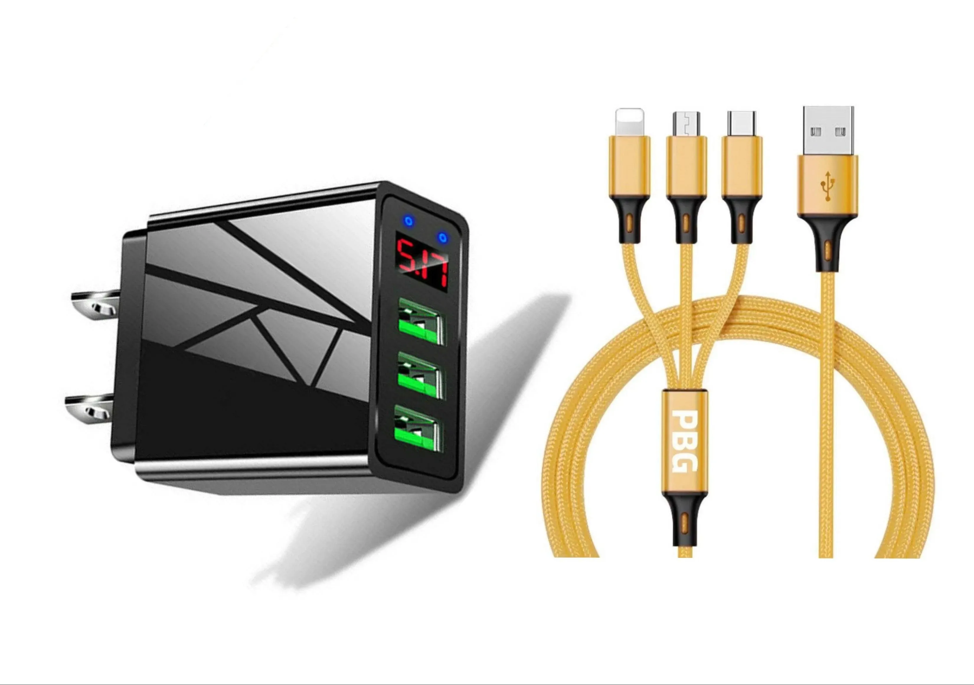 3 port LED Display High Speed Wall Charger Black   3 in 1 Cable Combo