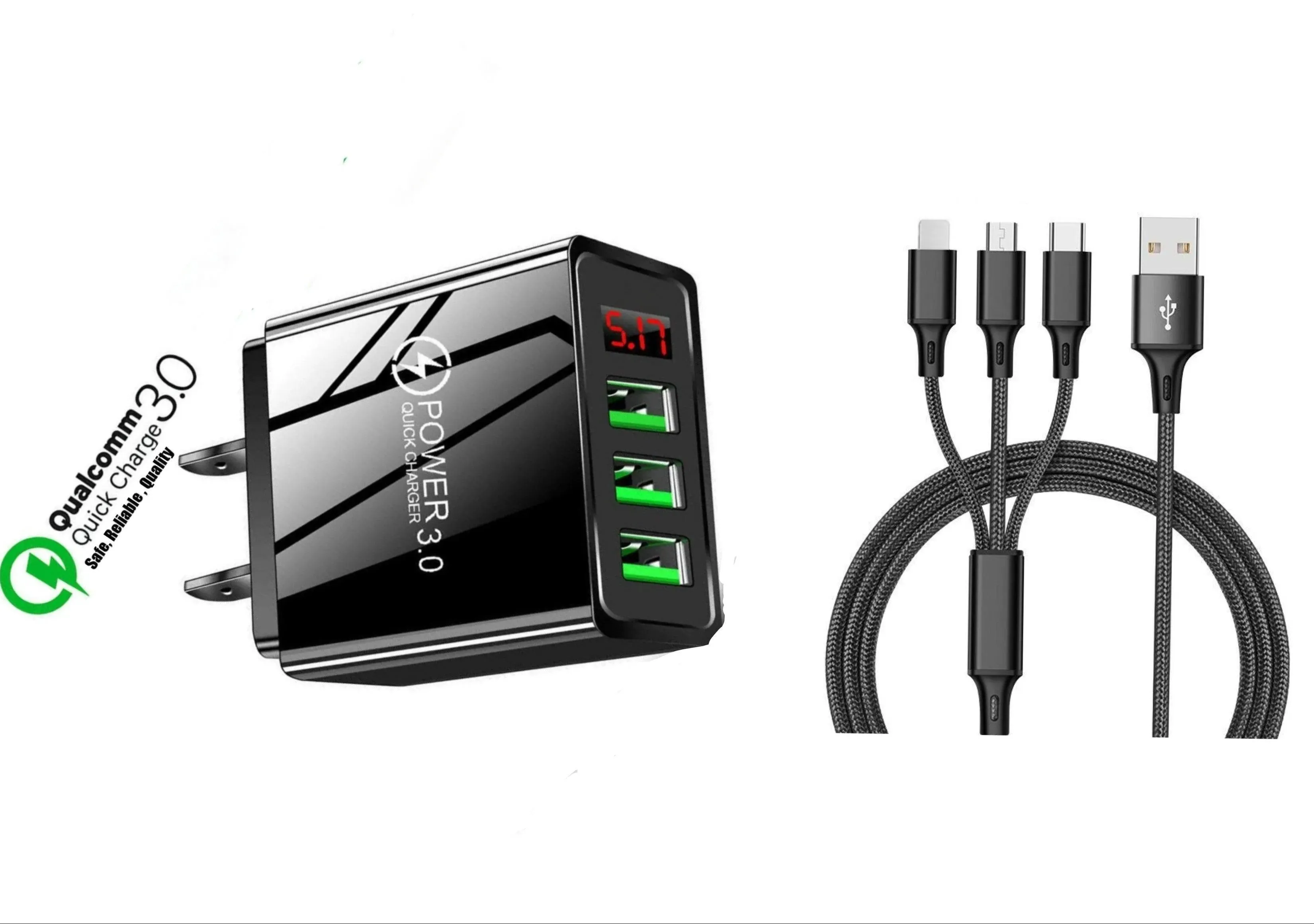 3 port LED Display High Speed Wall Charger Black   3 in 1 Cable Combo