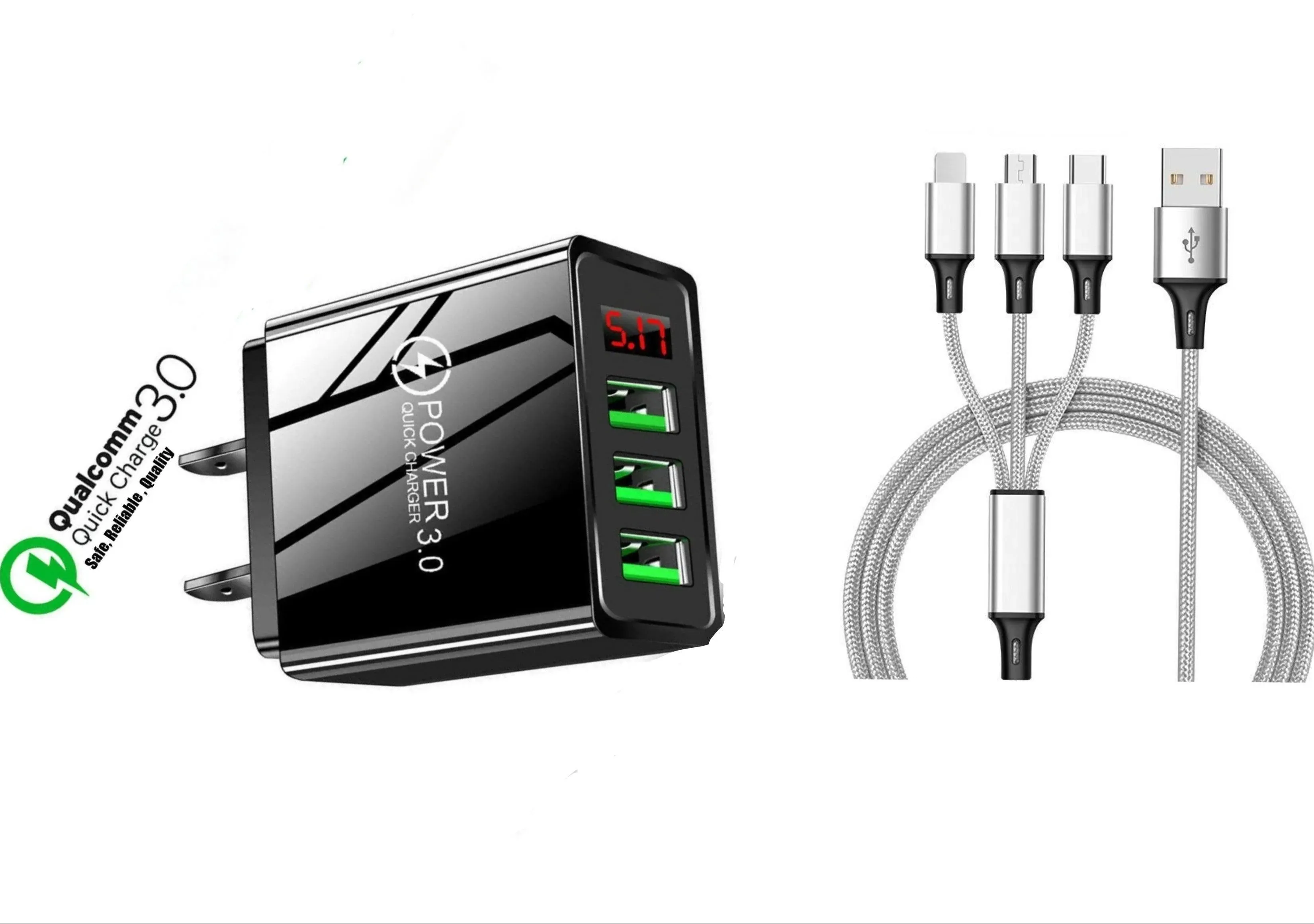 3 port LED Display High Speed Wall Charger Black   3 in 1 Cable Combo