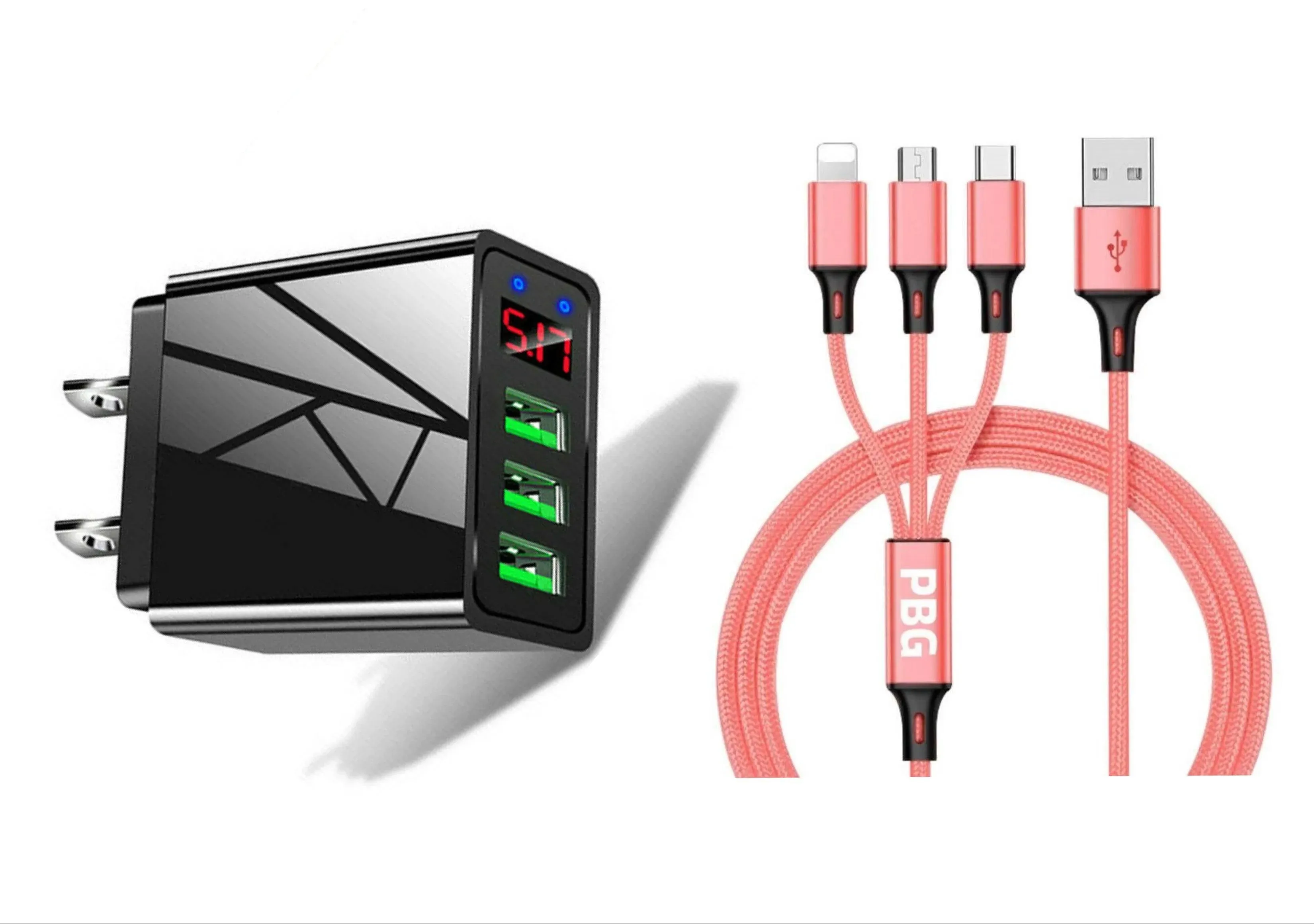 3 port LED Display High Speed Wall Charger Black   3 in 1 Cable Combo