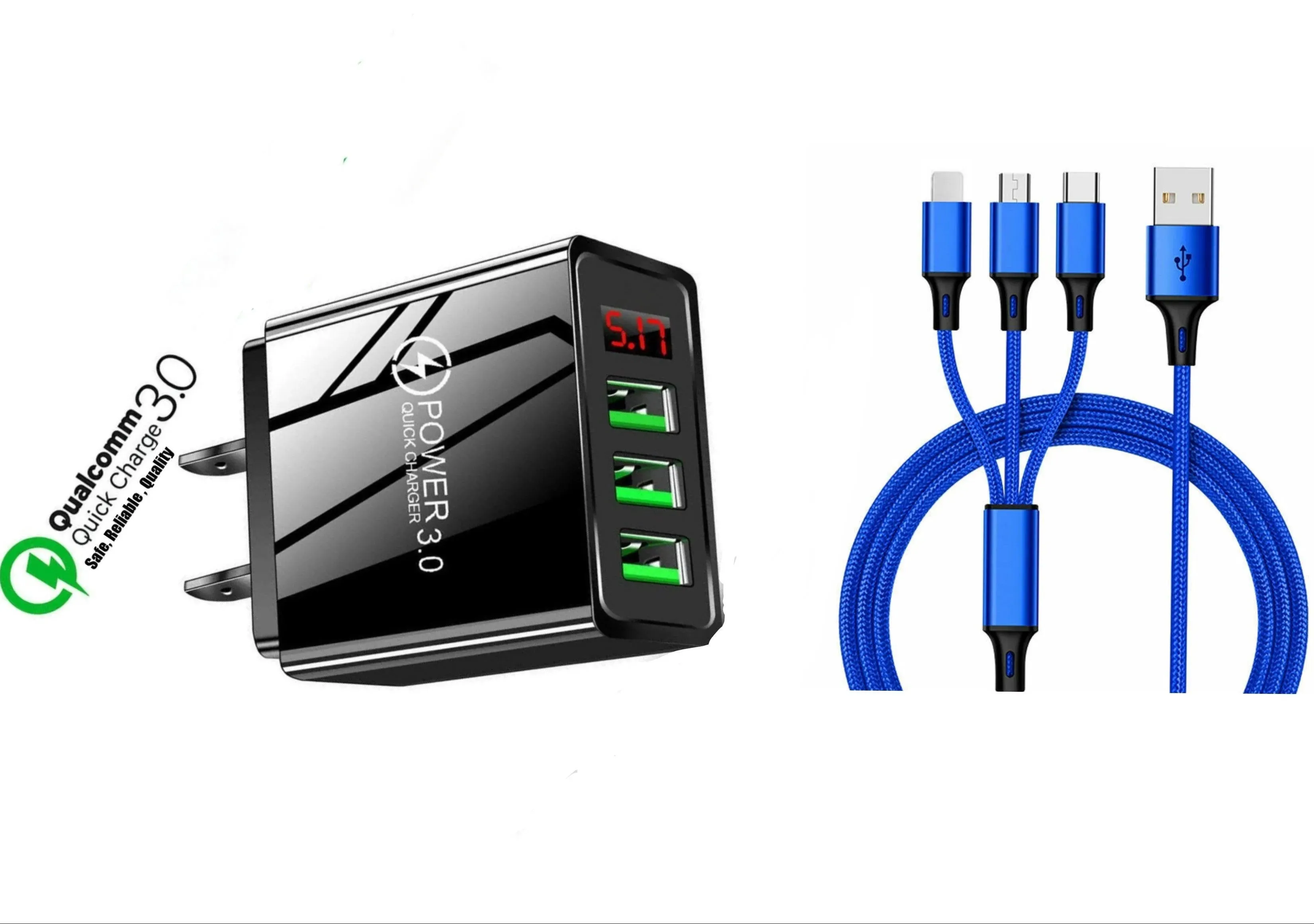 3 port LED Display High Speed Wall Charger Black   3 in 1 Cable Combo