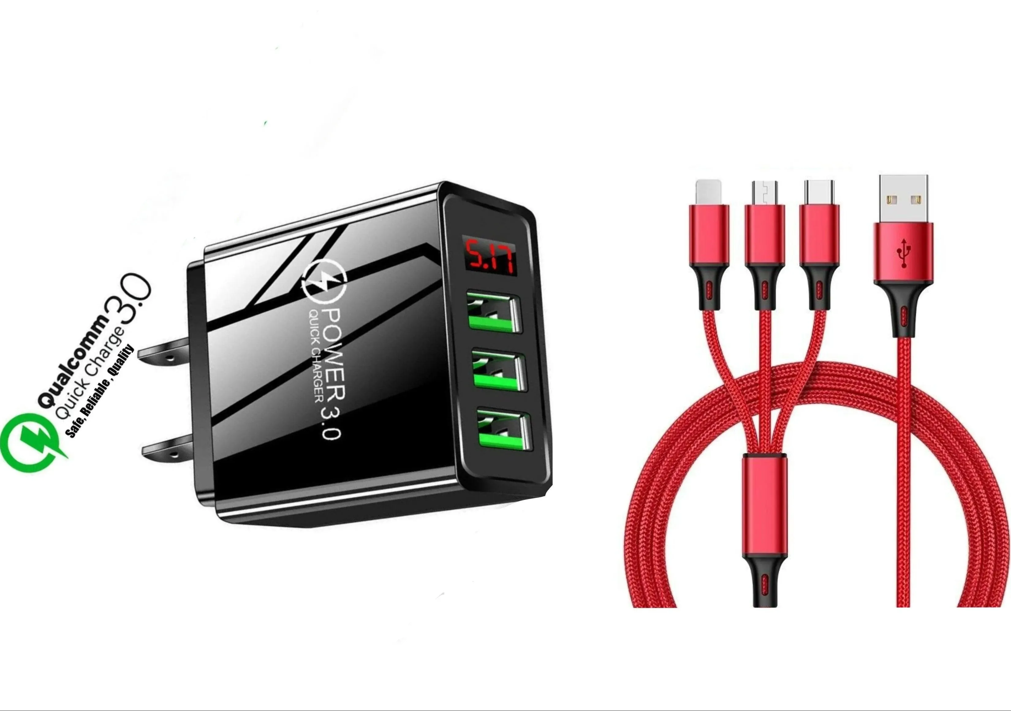 3 port LED Display High Speed Wall Charger Black   3 in 1 Cable Combo