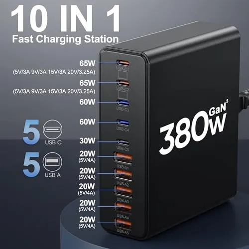 380W USB C Charger,10-Port USB C Charging Station GaN III Fast Charging Station Hub Laptop Adapter for MacBook Pro/Air,iPad,iPhone,Dell XPS,Samsung Galaxy (Black)