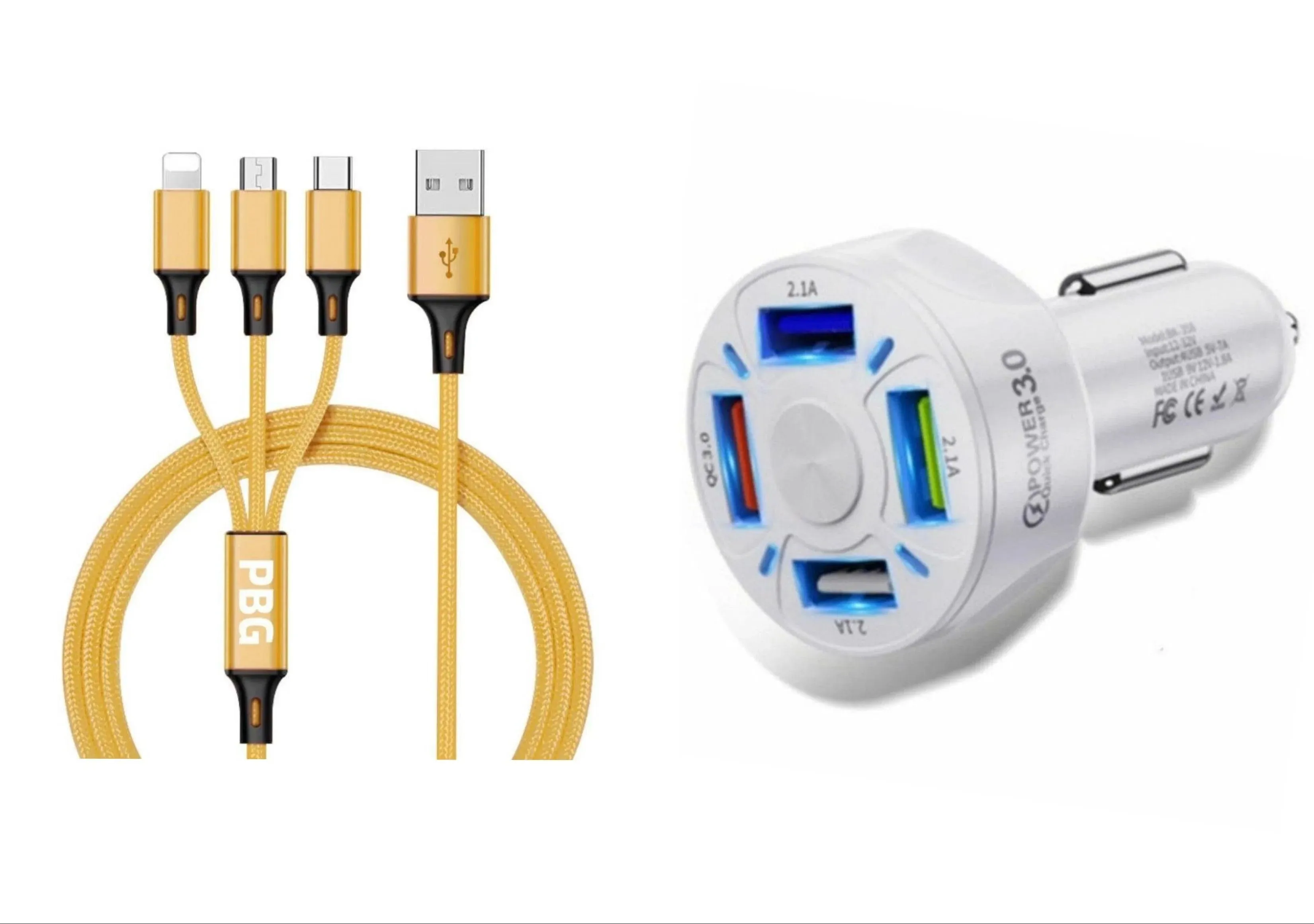 4 Port LED Car Charger   3 in 1 Cable Combo Gold