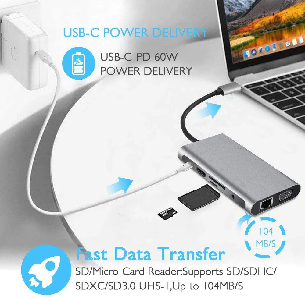 4K HDMI VGA USB Hub C 10 in 1 Adapter With Ethernet