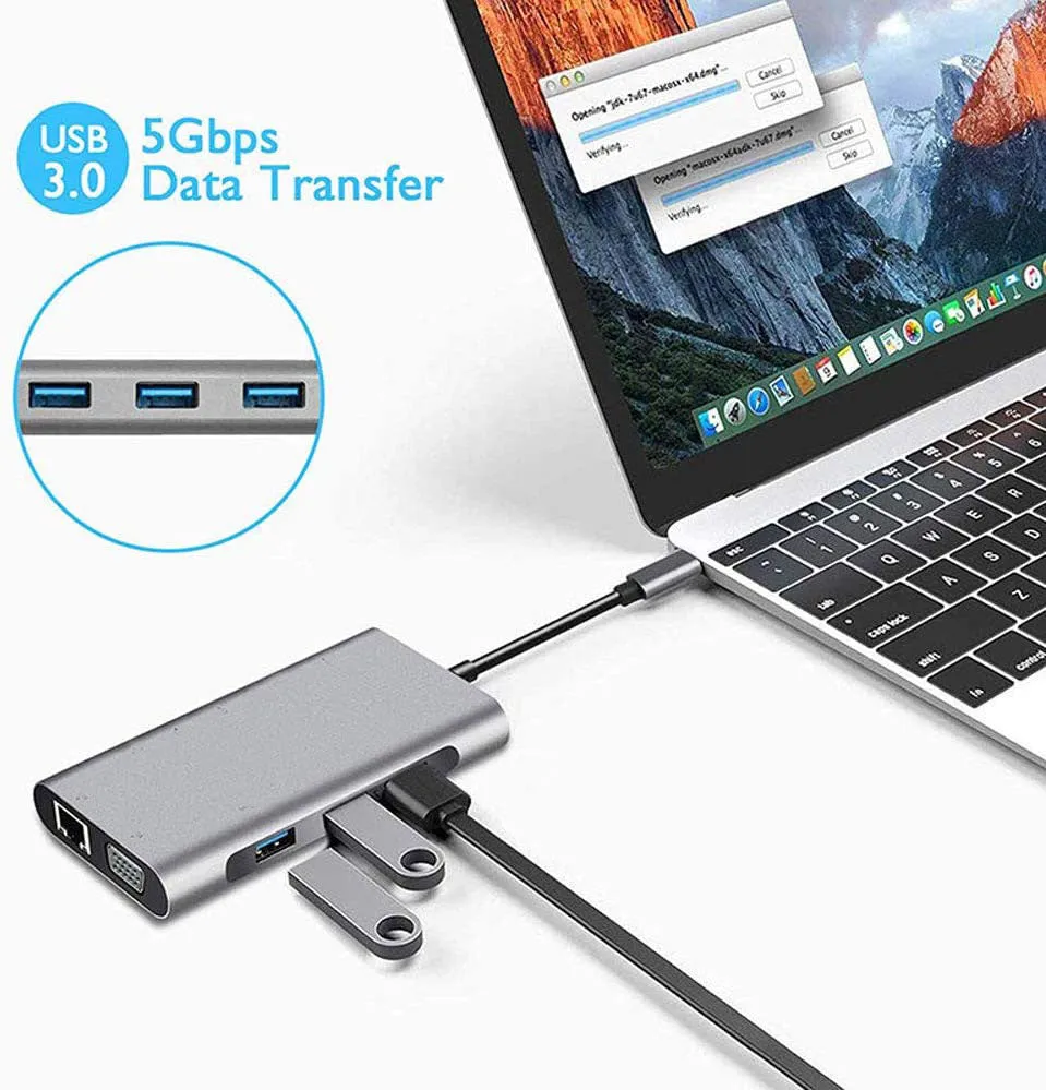 4K HDMI VGA USB Hub C 10 in 1 Adapter With Ethernet