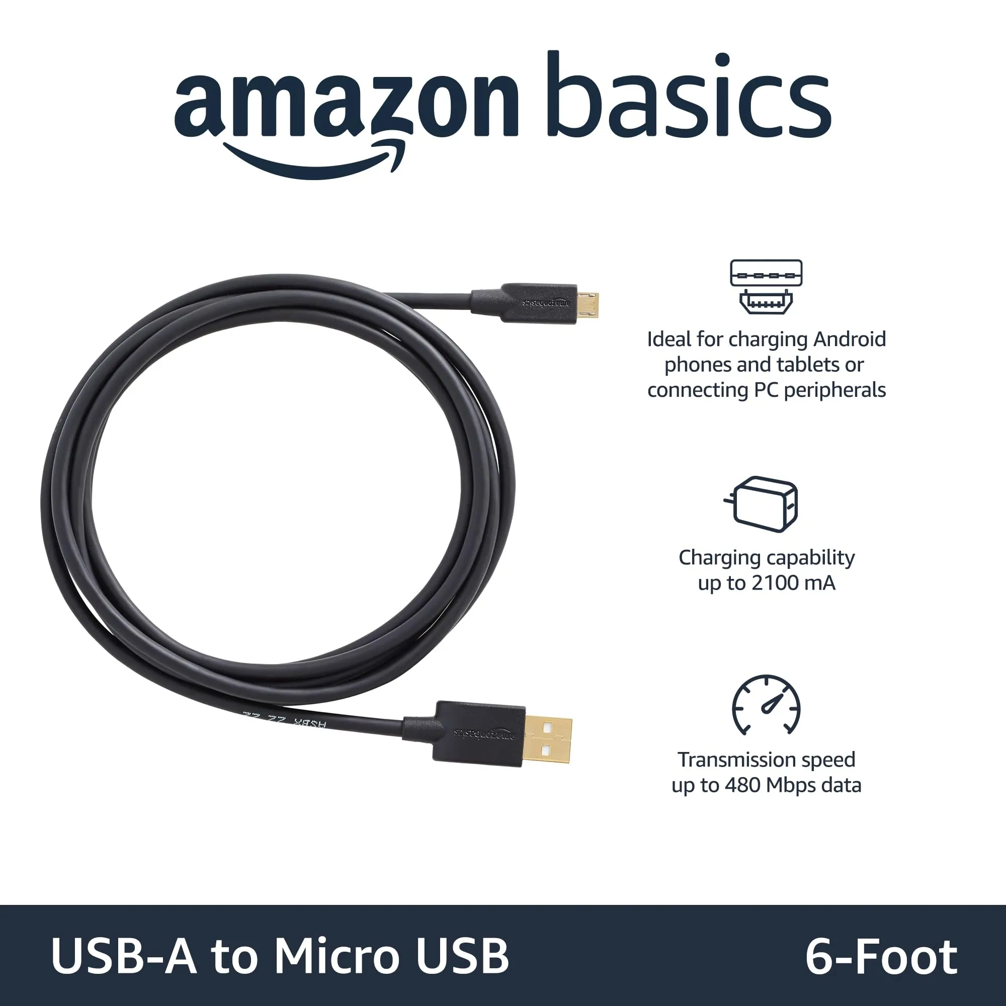 Amazon Basics USB-A to Micro USB Fast Charging Cable, 480Mbps Transfer Speed with Gold-Plated Plugs, USB 2.0, 6 Foot, Black