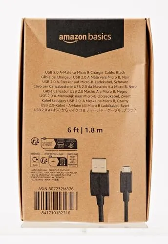 Amazon Basics USB-A to Micro USB Fast Charging Cable, 480Mbps Transfer Speed with Gold-Plated Plugs, USB 2.0, 6 Foot, Black