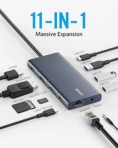 Anker USB C Hub, PowerExpand  11-in-1 USB C Hub Adapter, with 4K@60Hz HDMI and DP, 100W Power Delivery, USB-C and 3 USB-A Data Ports, 1 Gbps Ethernet, 3.5mm Audio, microSD and SD Card Reader