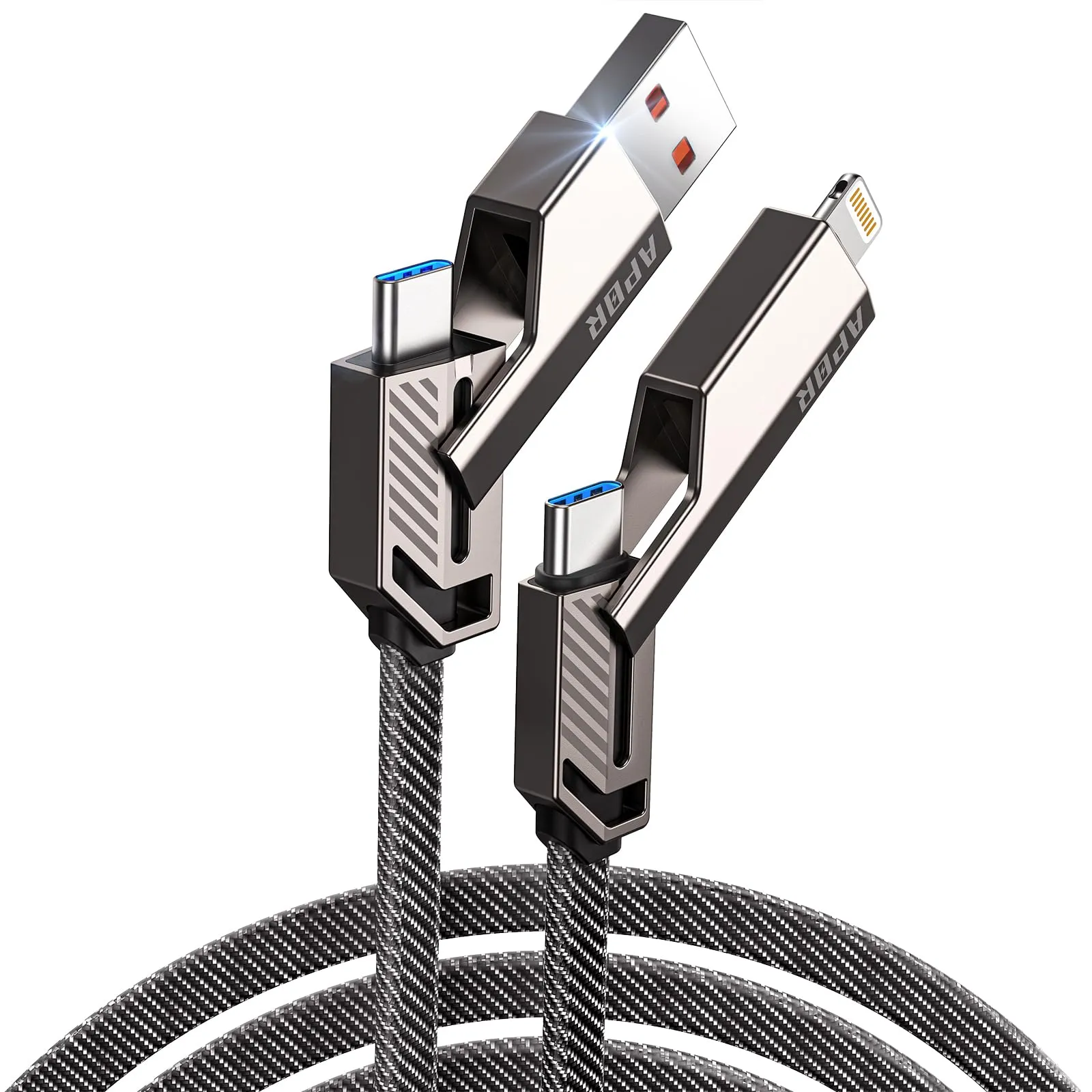 Apor USB C Cable, 60W 4 in 1 Charging Cable (3.3 ft) Flat Braided Nylon Multi Charging Cable Zinc Alloy House Type C/USB A for iPhone/Samsung/ipad