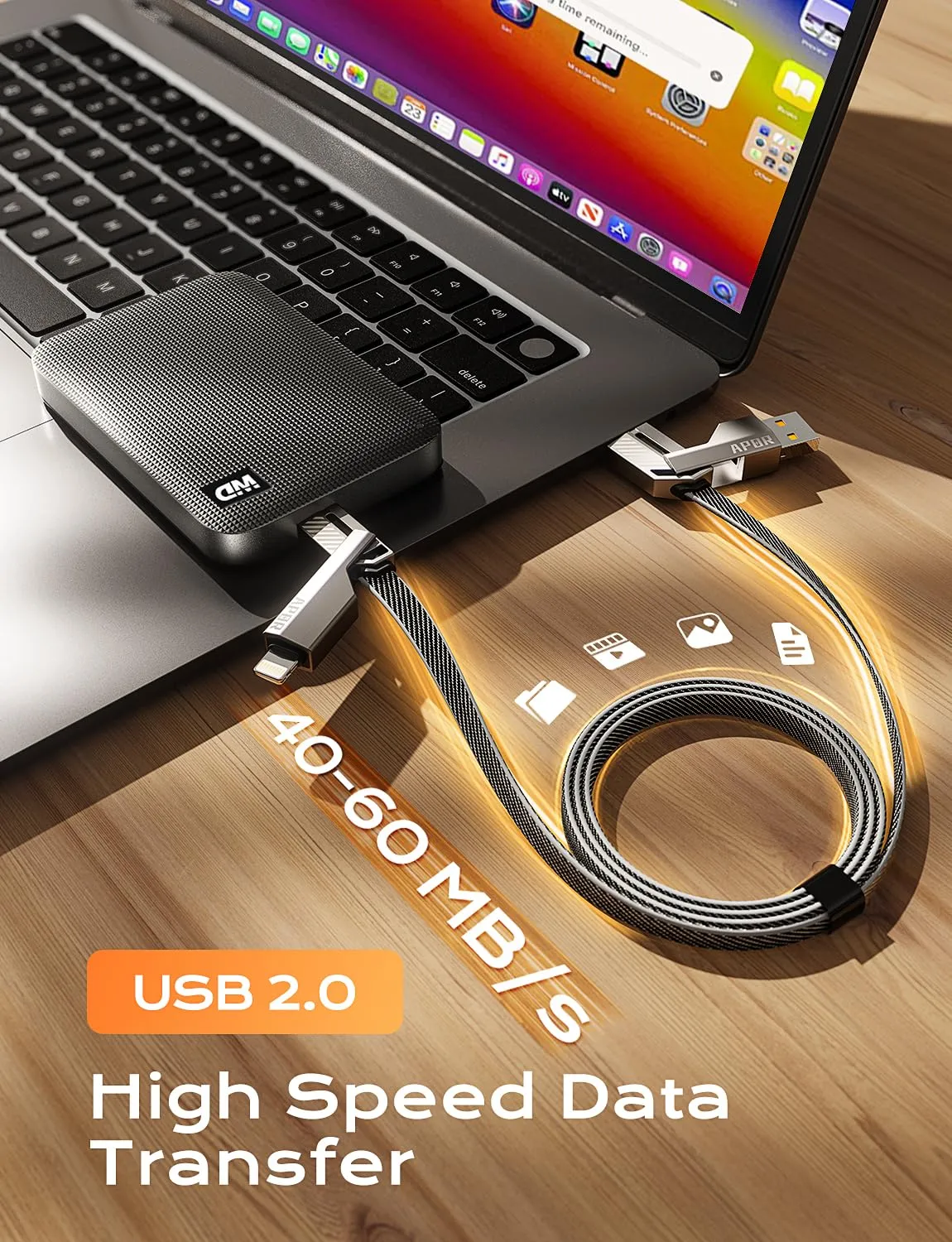 Apor USB C Cable, 60W 4 in 1 Charging Cable (3.3 ft) Flat Braided Nylon Multi Charging Cable Zinc Alloy House Type C/USB A for iPhone/Samsung/ipad