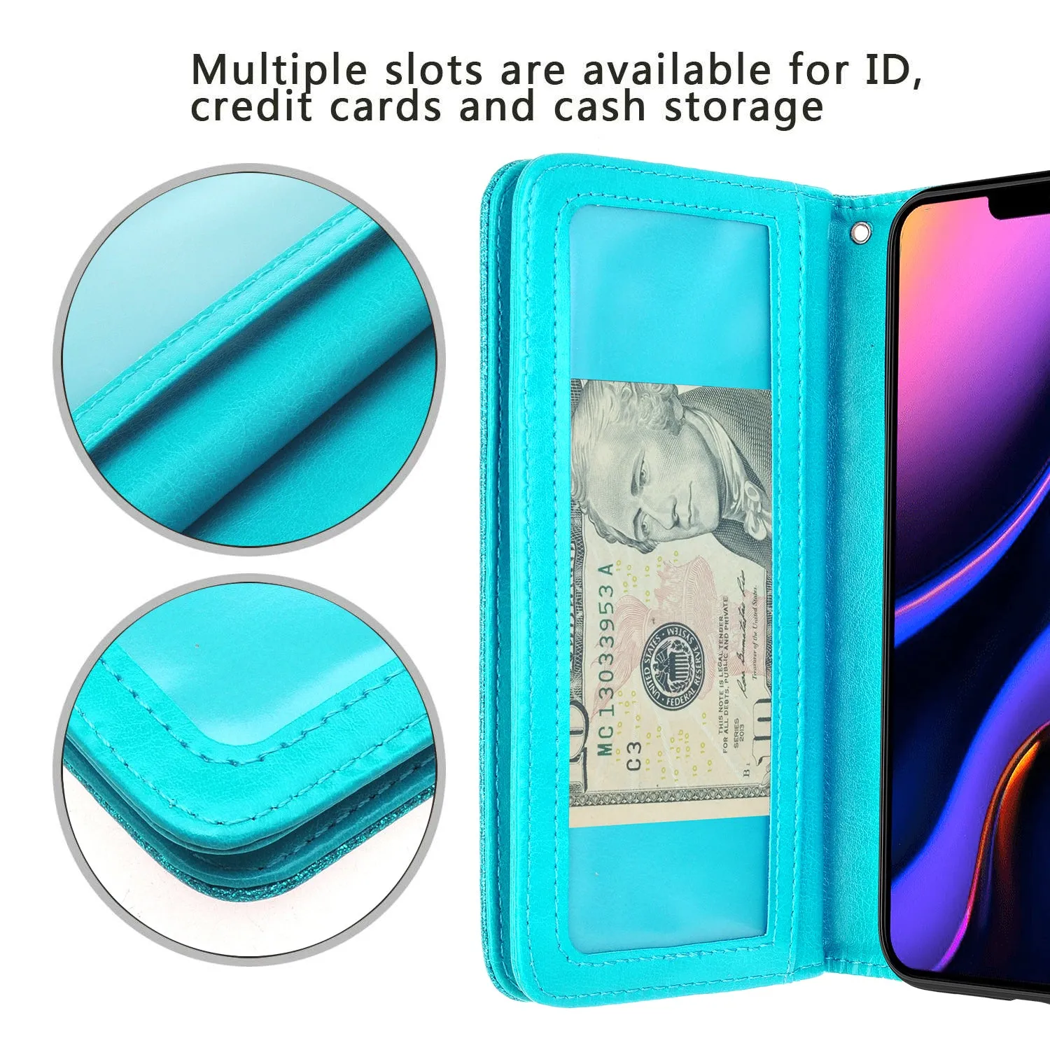 Apple iPhone 11 Pro Max Case, iPhone 11 Pro Max Case, Glitter Faux Leather Flip Credit Card Holder Wrist Strap Shockproof Protective Wallet Case Clutch for iPhone 11 Pro Max - Teal