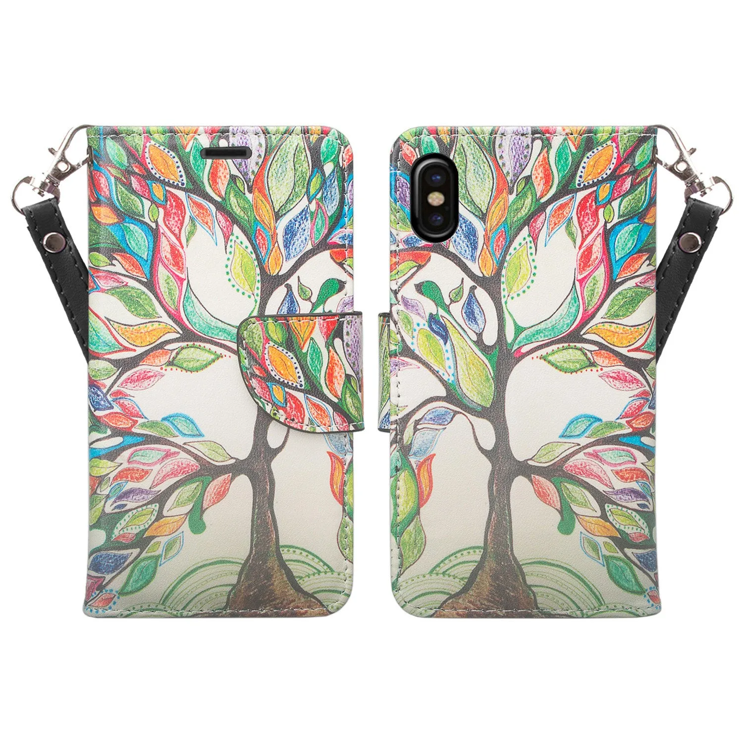 Apple iPhone ??? | iPhone Ten Case, iPhone ??? | iPhone Ten Wallet Case, Slim Flip Folio [Kickstand] Pu Leather Wallet Case with ID & Card Slots & Pocket   Wrist Strap - Vibrant Tree