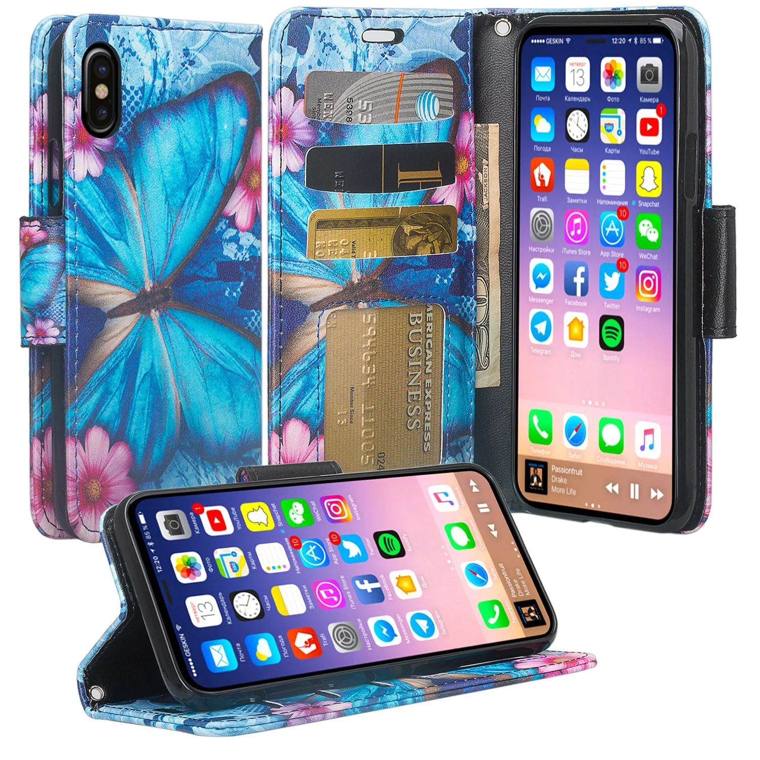 Apple iPhone XR Case, Apple A1984 Case, Wrist Strap Faux Leather Flip [Kickstand] Protective Wallet Case Cover - Blue Butterfly