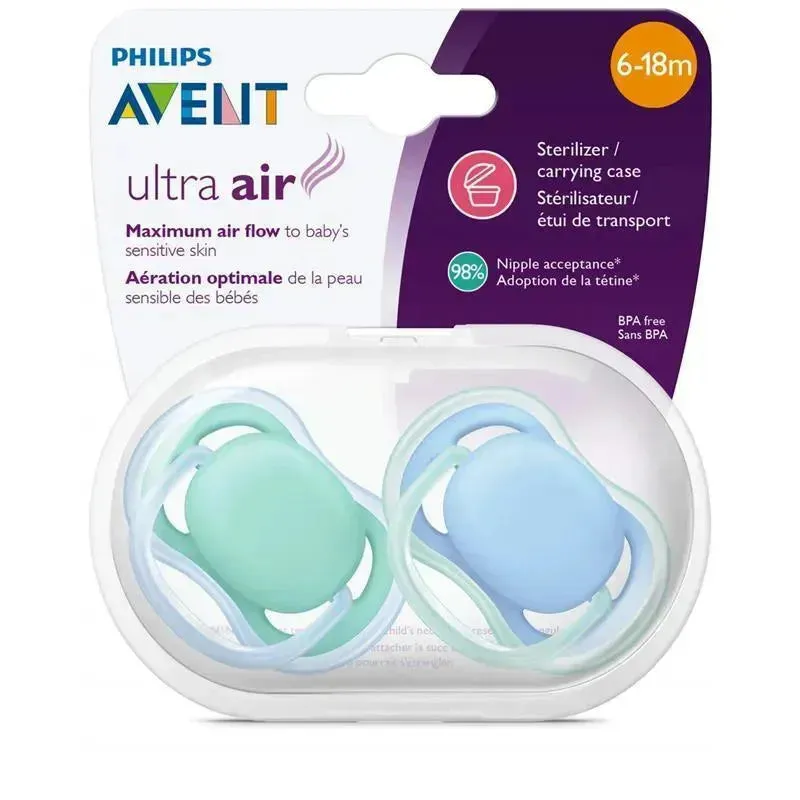 Avent - 2Pk Ultra Air Pacifier, 6/18M, Blue/Green