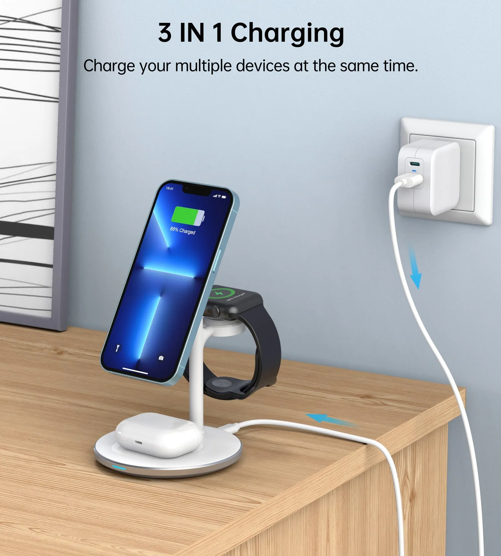 Choetech Magleap Duo 3in1 Magnetic wireless charger station for iPhone 12/13/14 series,AirPods Pro with Iwatch holder