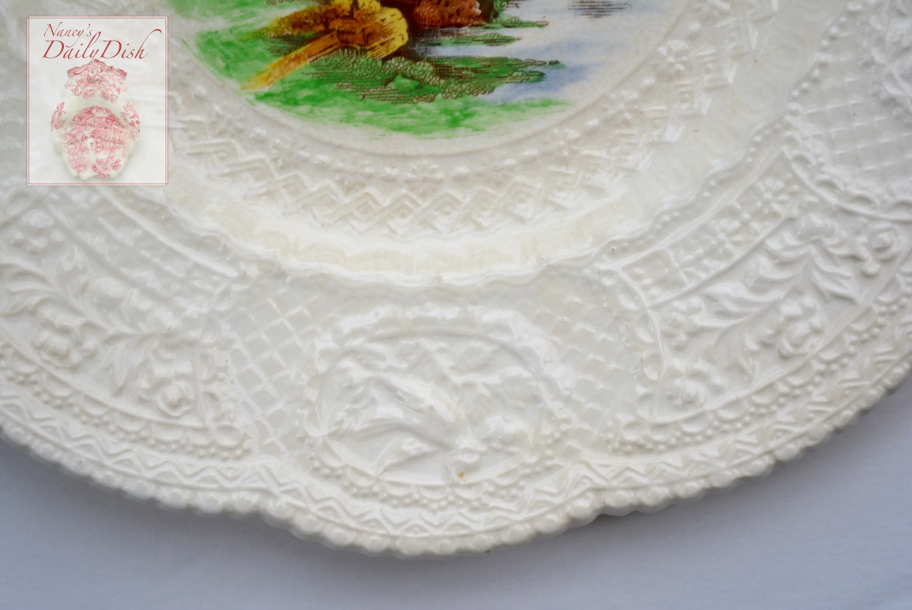 Creamware Staffordshire Brown Polychrome Transferware Charger Plate Embossed Floral & Bird Border