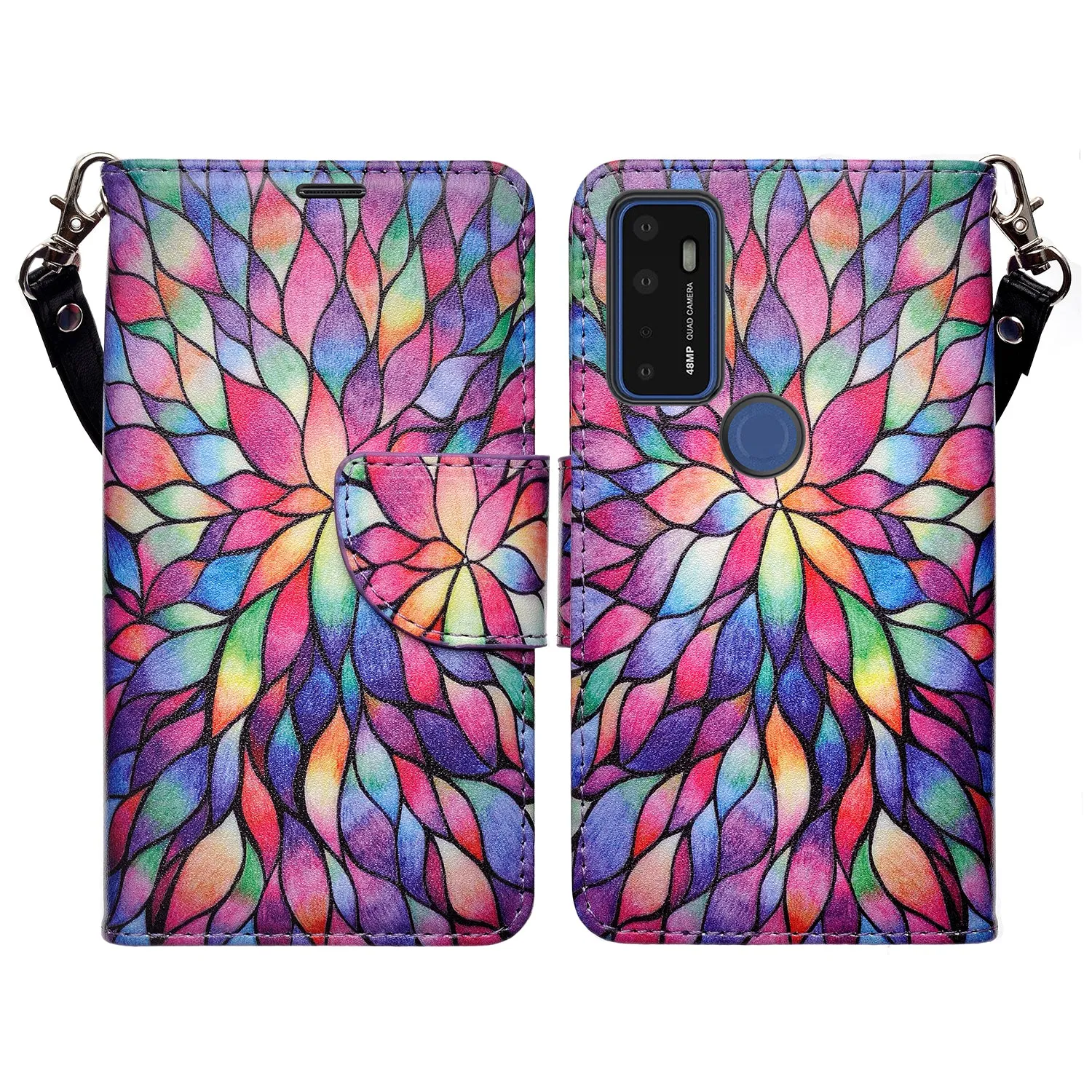 Cricket Dream 5G  Case, AT&T Radiant Max 5G / AT&T Fusion 5G Wallet Case, Wrist Strap Pu Leather Wallet Case [Kickstand] with ID & Credit Card Slots - Rainbow Flower