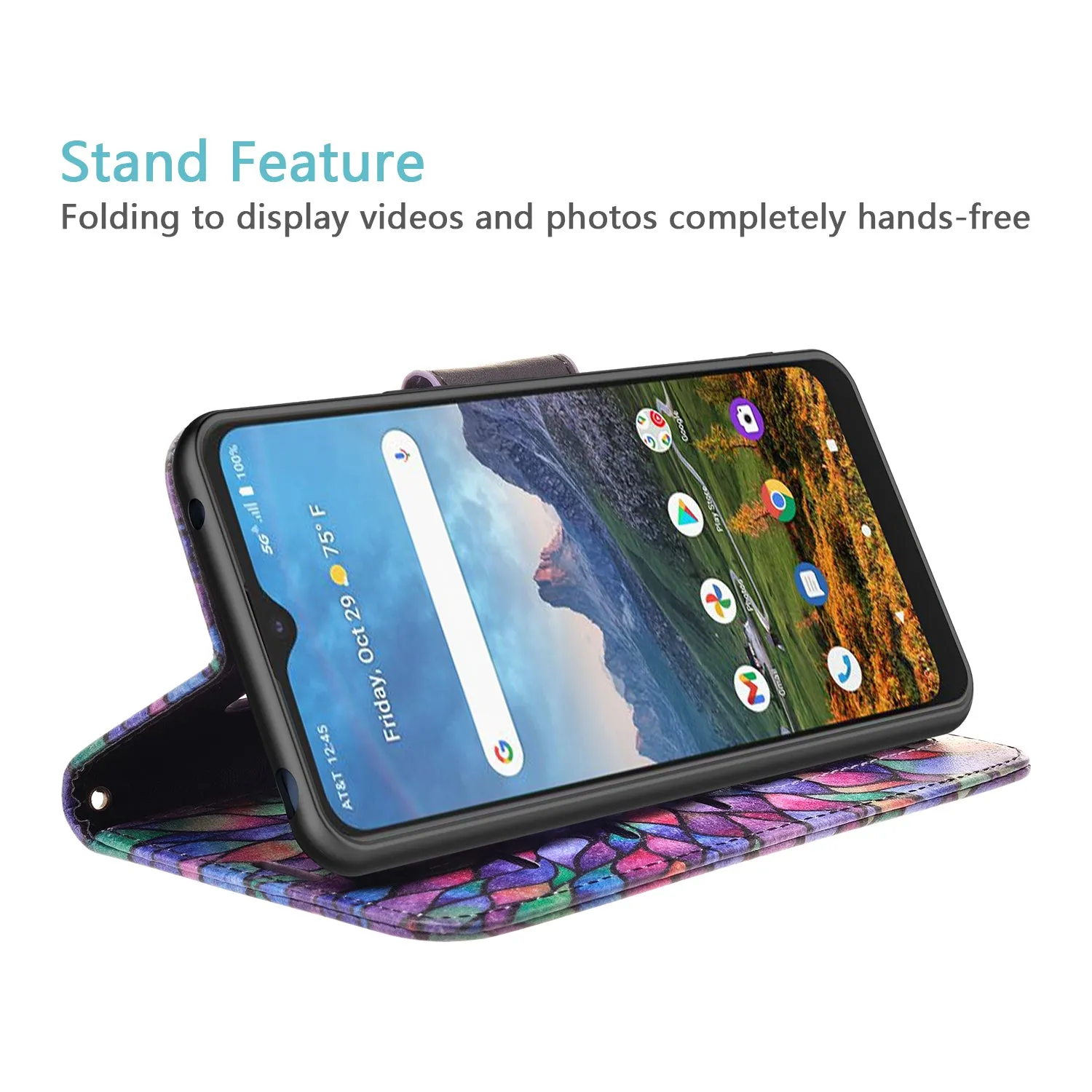 Cricket Dream 5G  Case, AT&T Radiant Max 5G / AT&T Fusion 5G Wallet Case, Wrist Strap Pu Leather Wallet Case [Kickstand] with ID & Credit Card Slots - Rainbow Flower