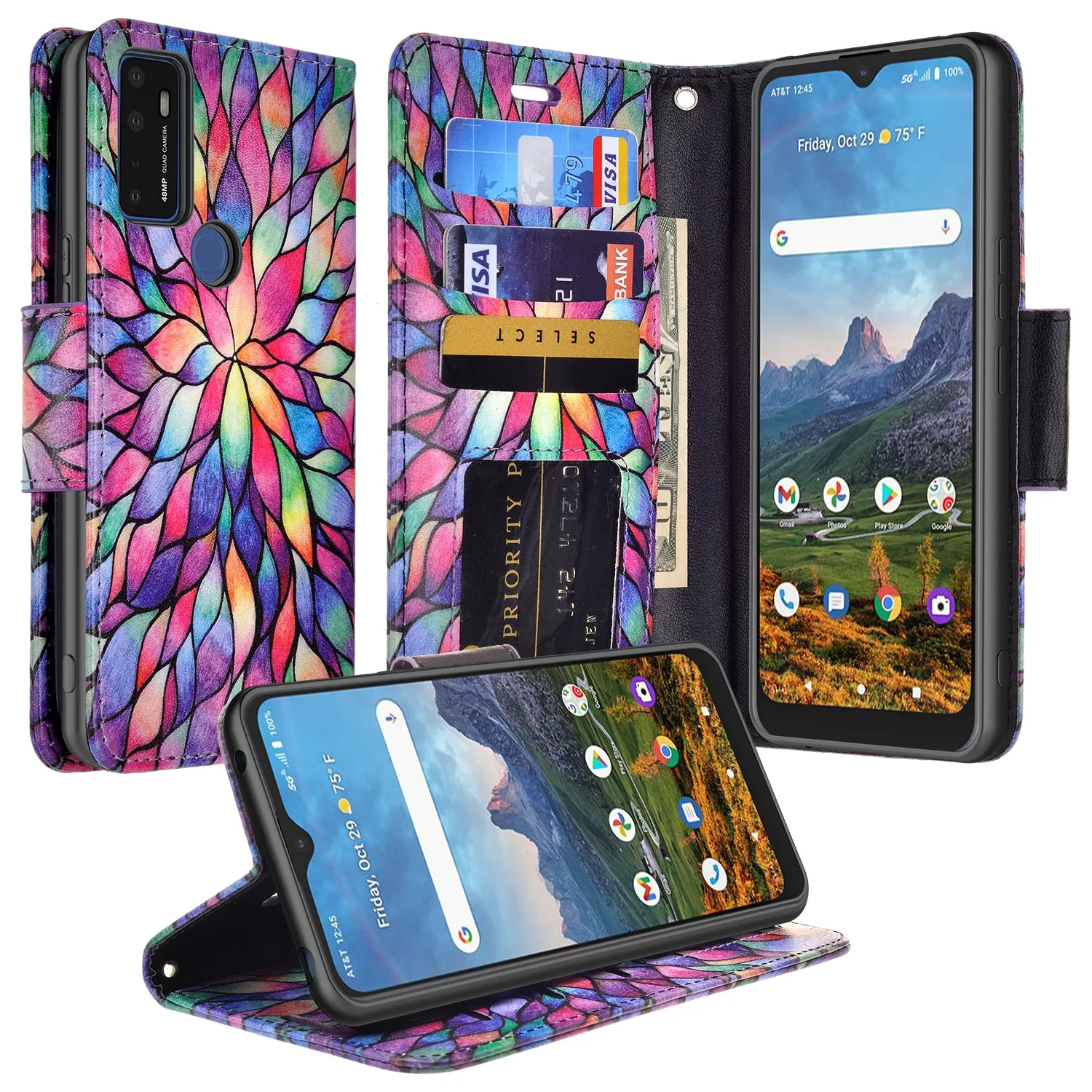 Cricket Dream 5G  Case, AT&T Radiant Max 5G / AT&T Fusion 5G Wallet Case, Wrist Strap Pu Leather Wallet Case [Kickstand] with ID & Credit Card Slots - Rainbow Flower