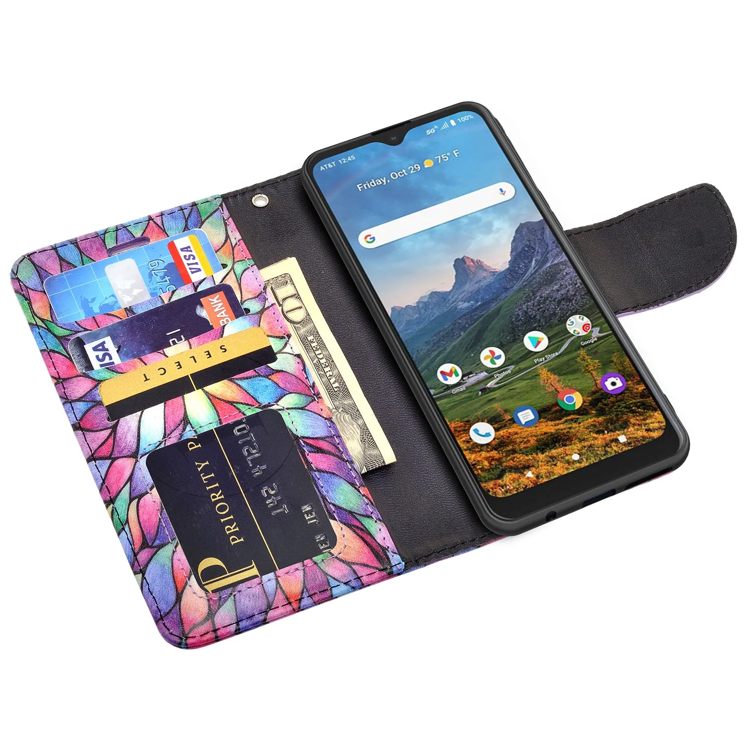 Cricket Dream 5G  Case, AT&T Radiant Max 5G / AT&T Fusion 5G Wallet Case, Wrist Strap Pu Leather Wallet Case [Kickstand] with ID & Credit Card Slots - Rainbow Flower