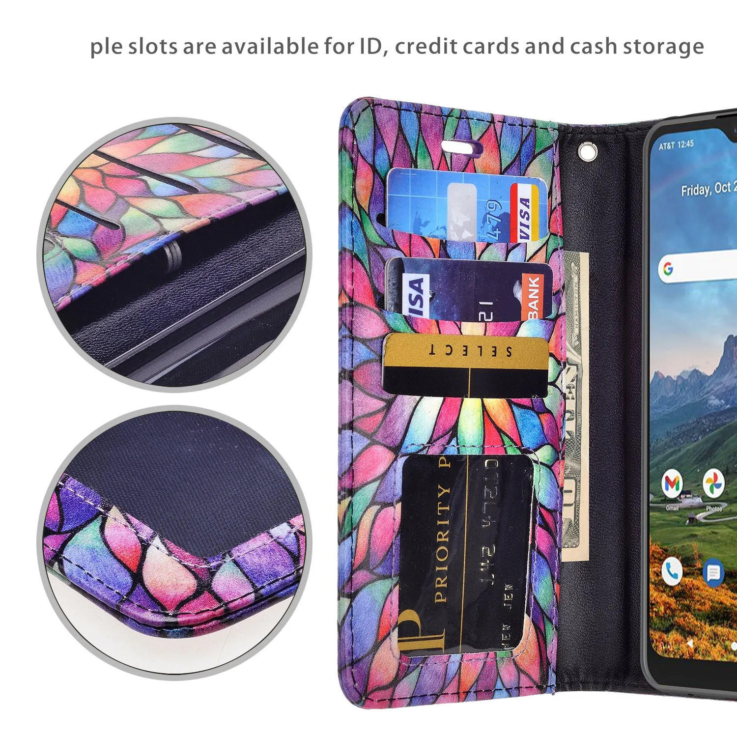 Cricket Dream 5G  Case, AT&T Radiant Max 5G / AT&T Fusion 5G Wallet Case, Wrist Strap Pu Leather Wallet Case [Kickstand] with ID & Credit Card Slots - Rainbow Flower