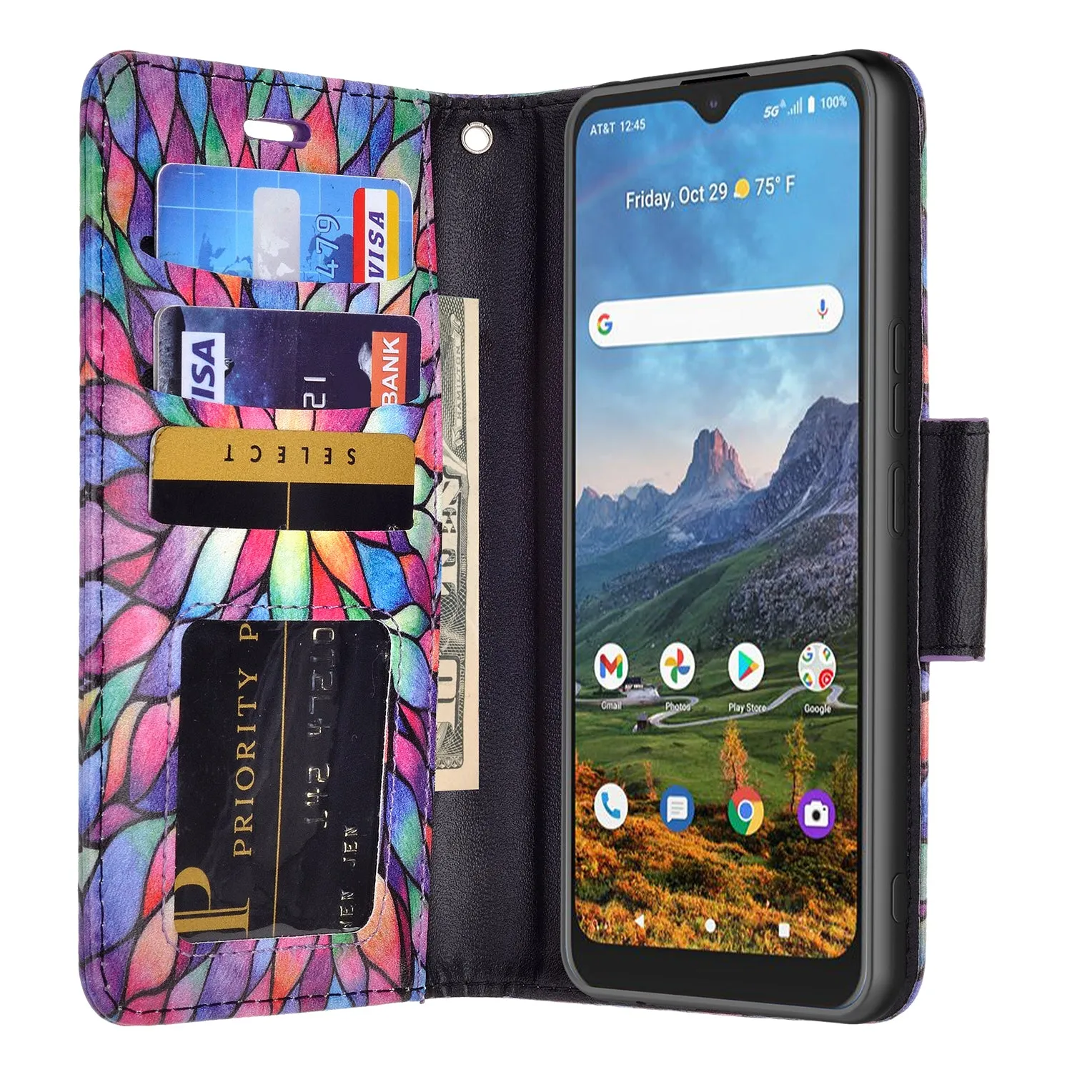 Cricket Dream 5G  Case, AT&T Radiant Max 5G / AT&T Fusion 5G Wallet Case, Wrist Strap Pu Leather Wallet Case [Kickstand] with ID & Credit Card Slots - Rainbow Flower