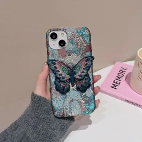 Cute Blue Jacquard Embroidery Design Protective Shockproof Phone Case with a Blue Butterly Cloth Patch for iPhone 11 12 13 14 15 Pro Max