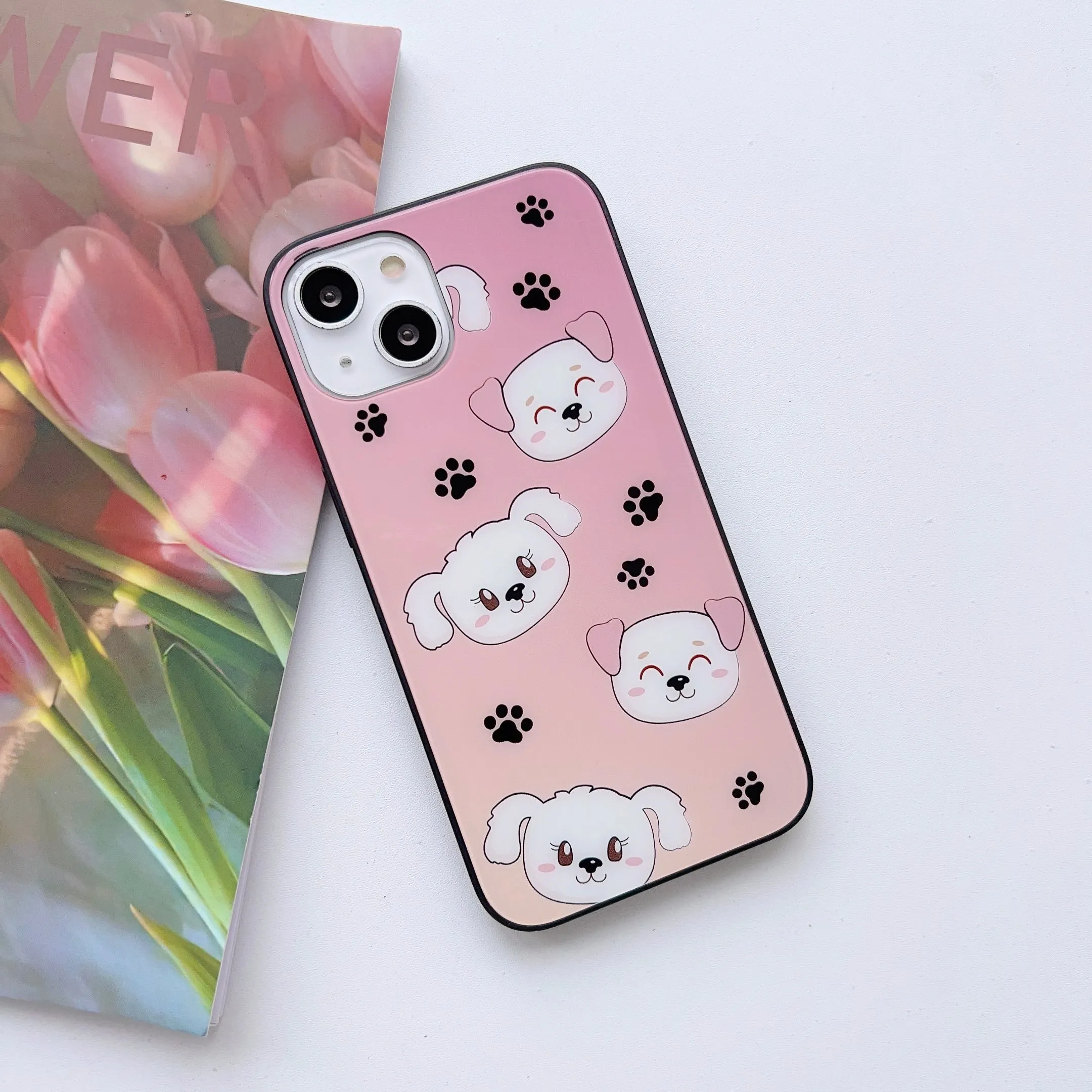 Cute Dog And Flower Pattern Glass Case