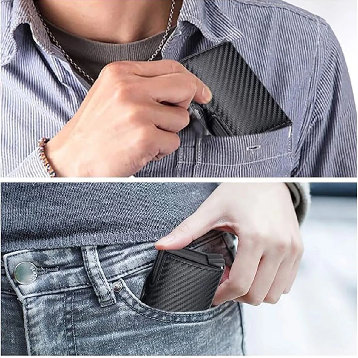 Double Carbon Fiber RFID Pop Up Card Holder Wallet