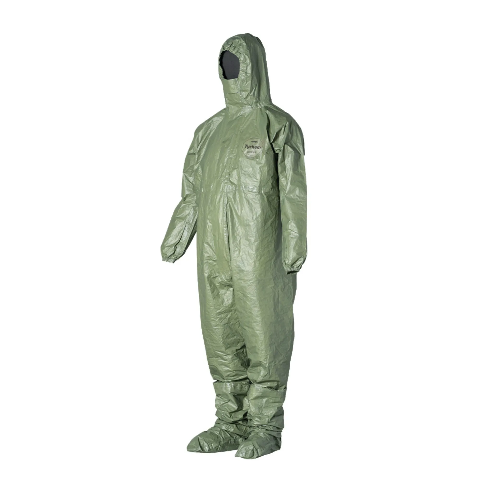 DuPont Tychem 2000 SFR QS127TGR Coverall, Respirator Fit Hood, Front Zipper Closure, Chin Flap, Green, Case of 4