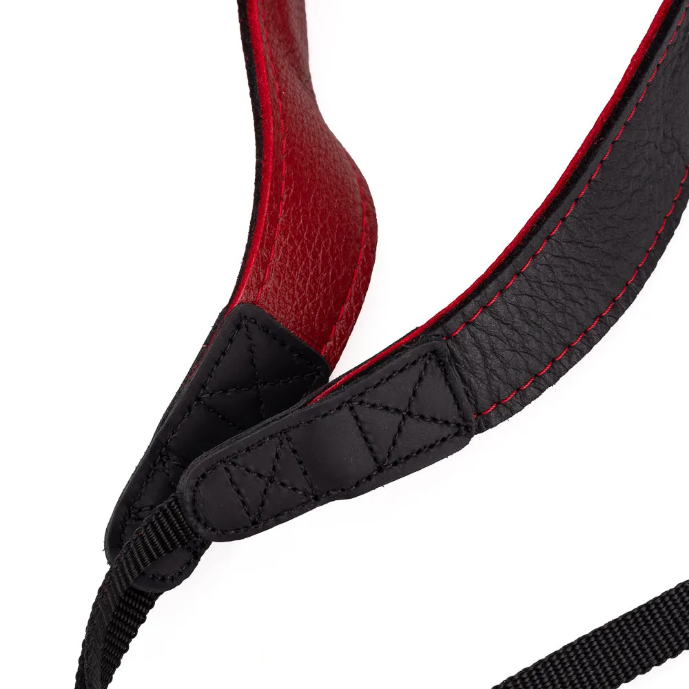 EDDYCAM Elk Leather Neck Strap, 50mm Wide, Black/Red with Red Stitching