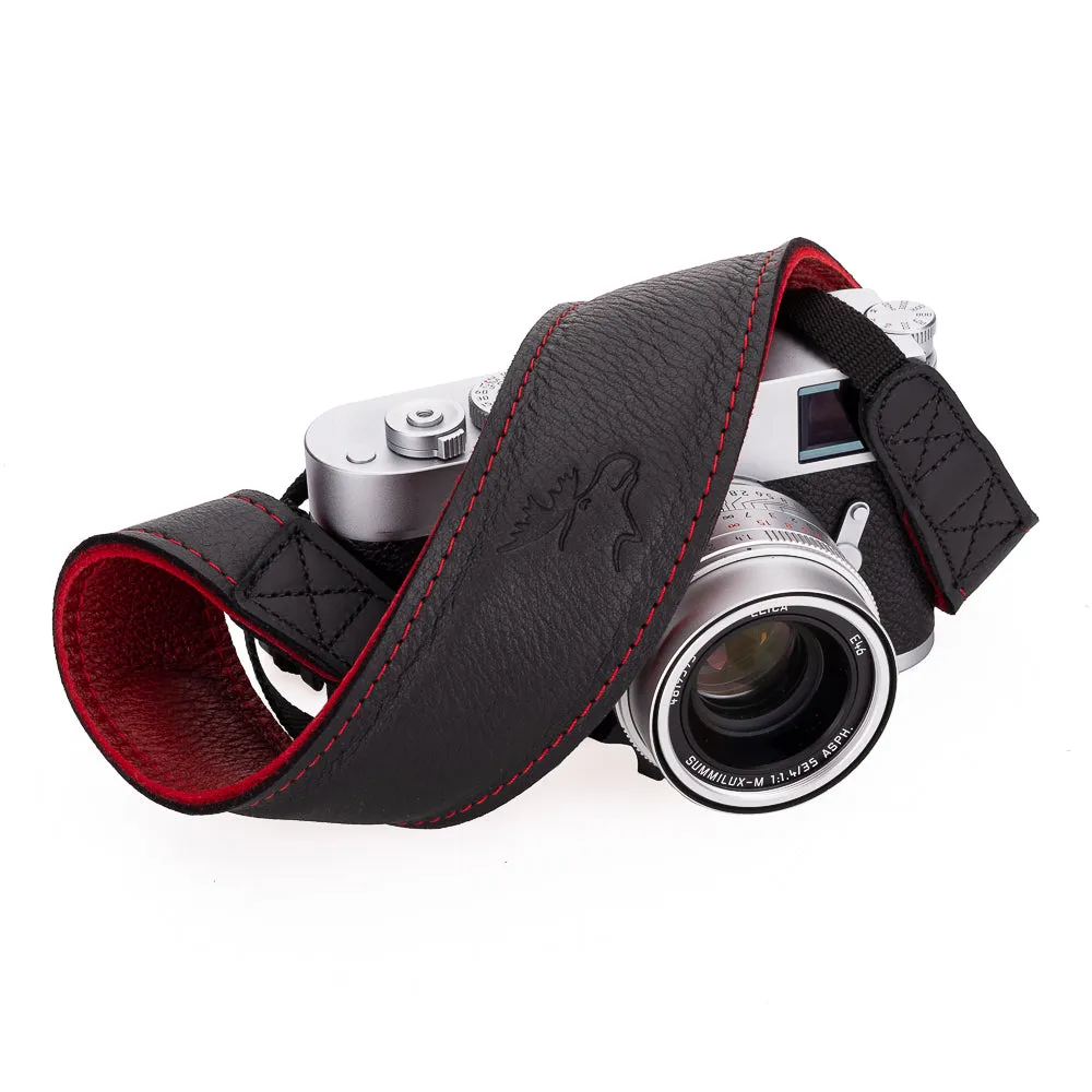 EDDYCAM Elk Leather Neck Strap, 50mm Wide, Black/Red with Red Stitching