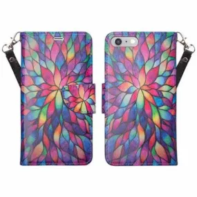 For Apple iPhone 7 Case,  Wrist Strap Pu Leather Magnetic Flip Fold[Kickstand] Wallet Case with ID & Card Slots for Iphone 7 - Rainbow Flower