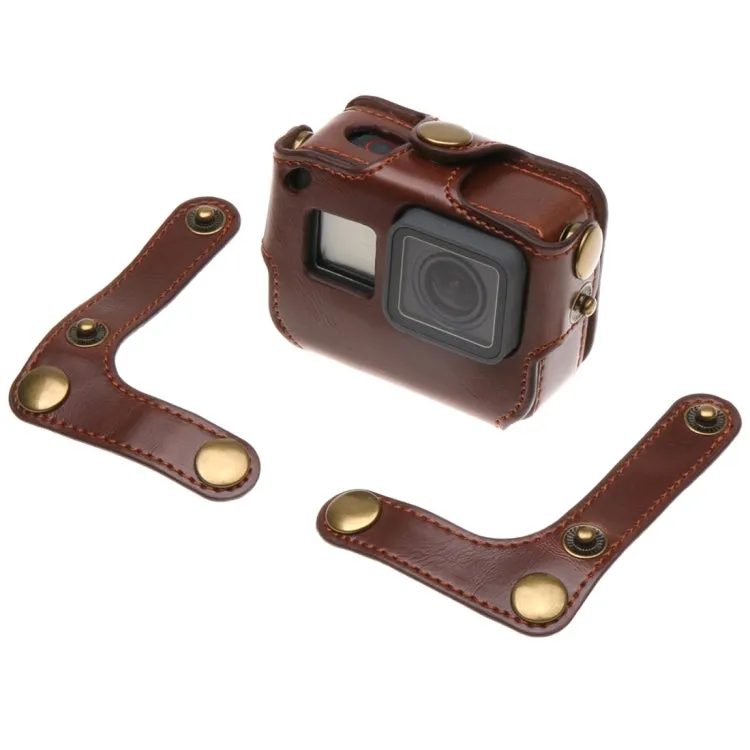 For GoPro HERO7 Black /6 /5  PU Leather Housing Case with Neck Strap & Buttons(Brown)