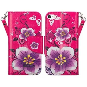 For iPhone SE Case | iPhone 5S/5 Case, Wrist Strap Pu Leather Magnetic Fold Wallet Case[Kickstand] with ID & Card Slots for Apple Iphone SE/5S/5 - Purple Flower